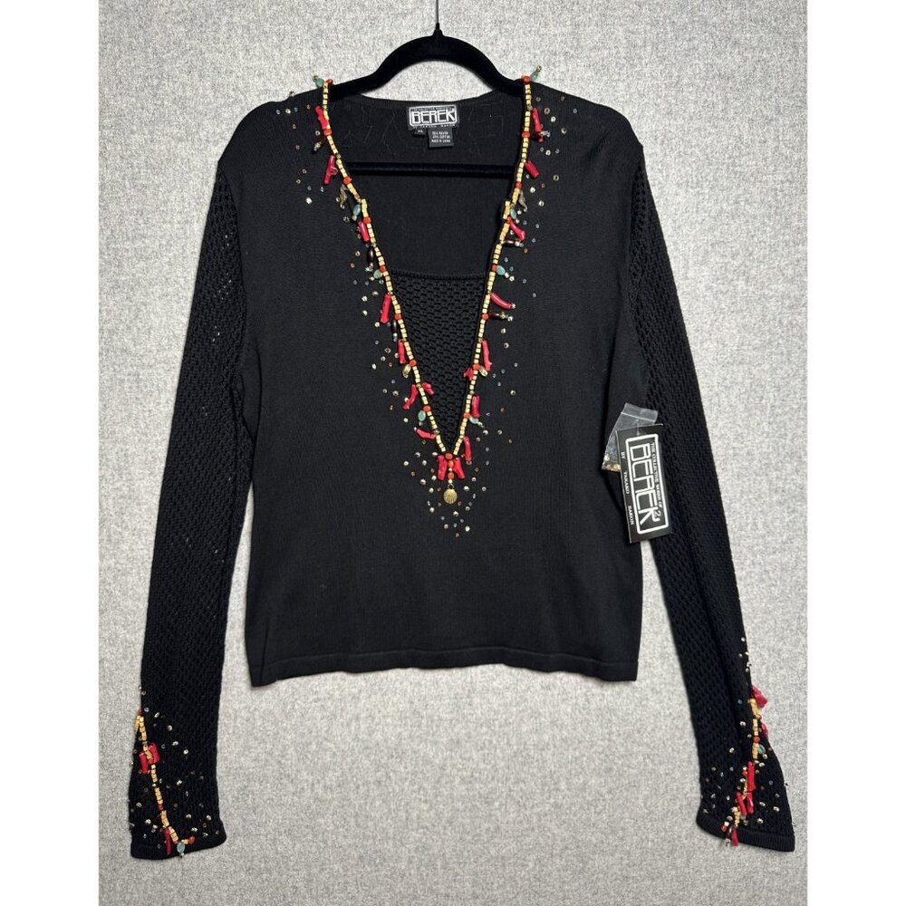 NWT‎ Berek Takako Sakon Womens XL Top Beaded Black Long Sleeve Fishnet Sleeve